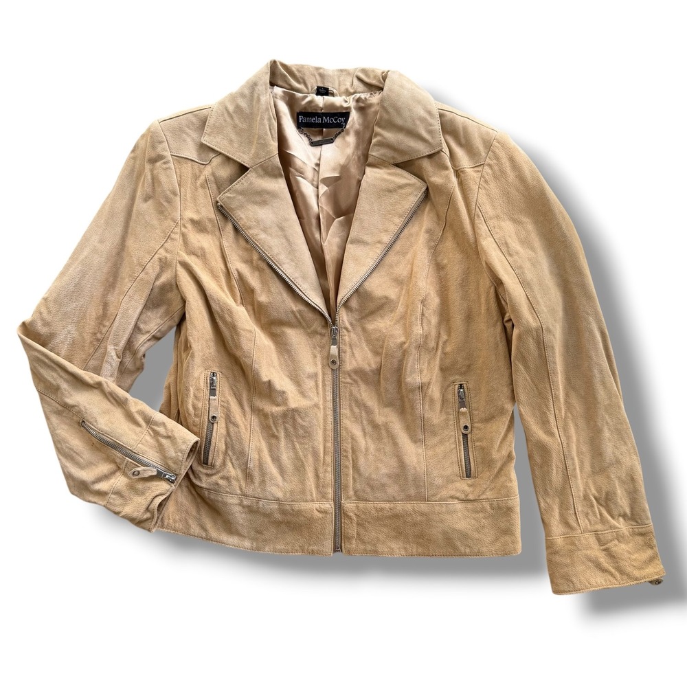 Pamela McCoy Women L Tan Genuine Leather Suede Moto Jacket FullZip Lined Western